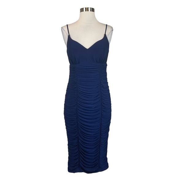 XSCAPE Ruched Midi Sheath Cocktail Dress Blue Size 6 Sleeveless Bodycon